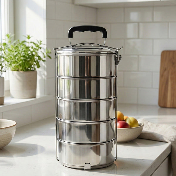 5 Compartment Lunch Box (Stainless Steel): Round Tiffin, Leakproof (16x5")